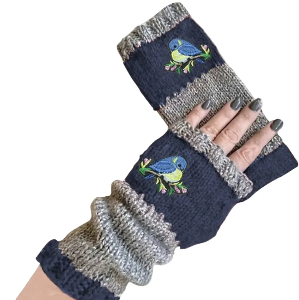 Boho Blue and Gray Striped Embroidered Bird Fingerless Gloves NWOT